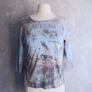 CACTUS Y2K Arizona Print Shirt Size M Cotton Rhinestones Graphic Western Grunge